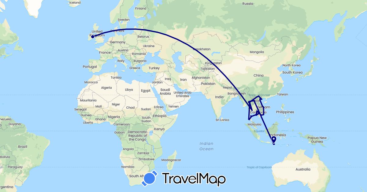 TravelMap itinerary: driving in Indonesia, Ireland, Cambodia, Laos, Thailand, Vietnam (Asia, Europe)